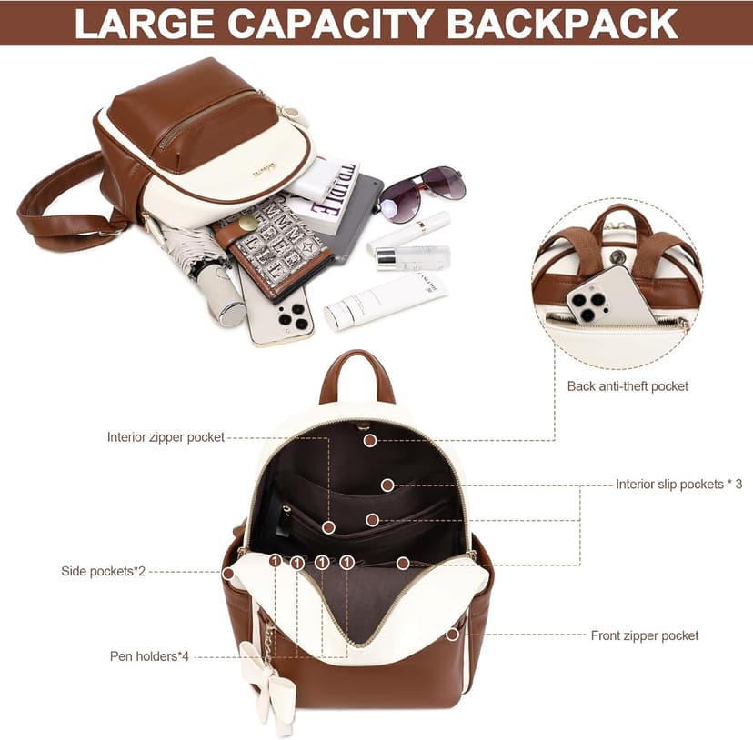 Eslcorri Mini Backpack Purse for Women - Girls Bowknot Fashion Backpack Small Leather Cute Travel Daypacks with Wallet 2-PCS Casual Ladies Convertible Shoulder Handbag - Brown